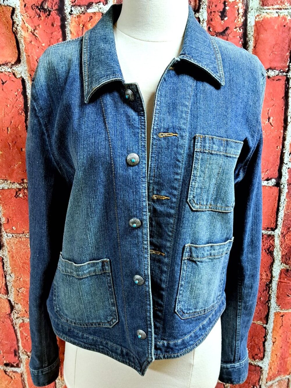 RALPH LAUREN LADIES DENIM JEAN JACKET WITH TURQUOISE & SILVER BUTTONS SIZE L